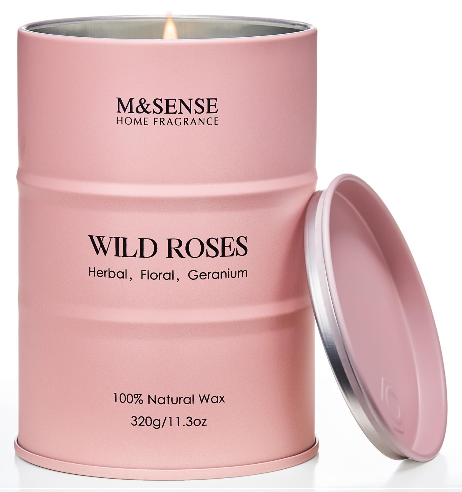 M&SENSE Wild Rose candle in a reusable tin box