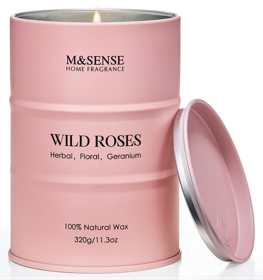 M&SENSE Wild Rose candle in a reusable tin box