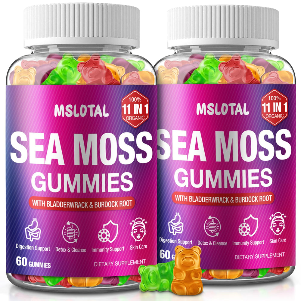 MSLOTAL Sea Moss Gummies bottle highlighting Black Seed Oil and Shilajit