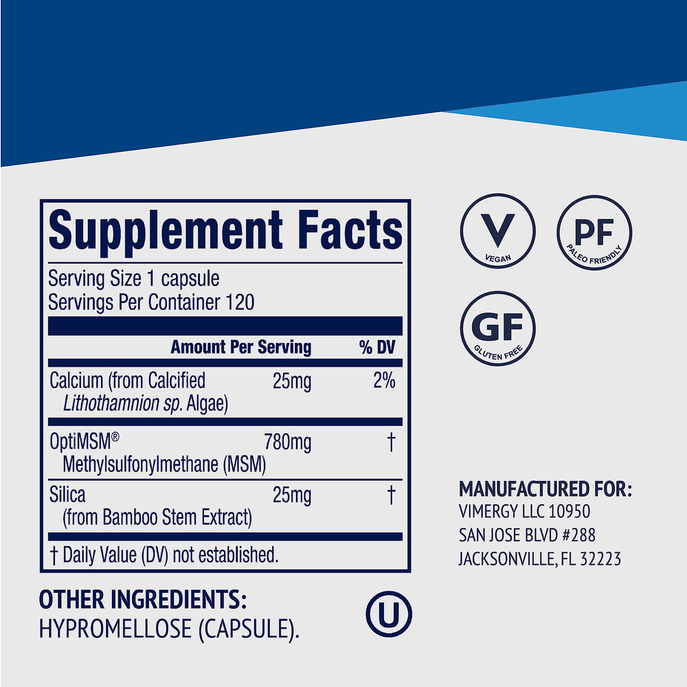 Close-up of MSM capsules showing silica and calcium content.