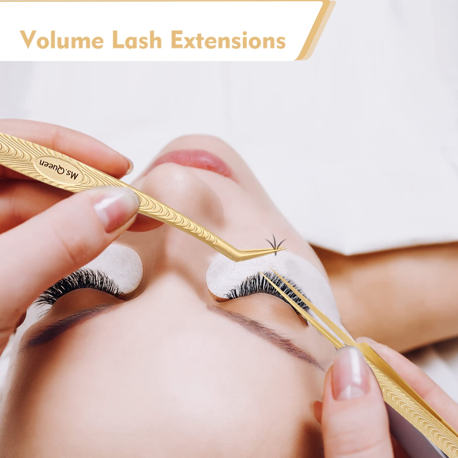 Ms.Queen lash tweezers aiding volume lash application for professional results