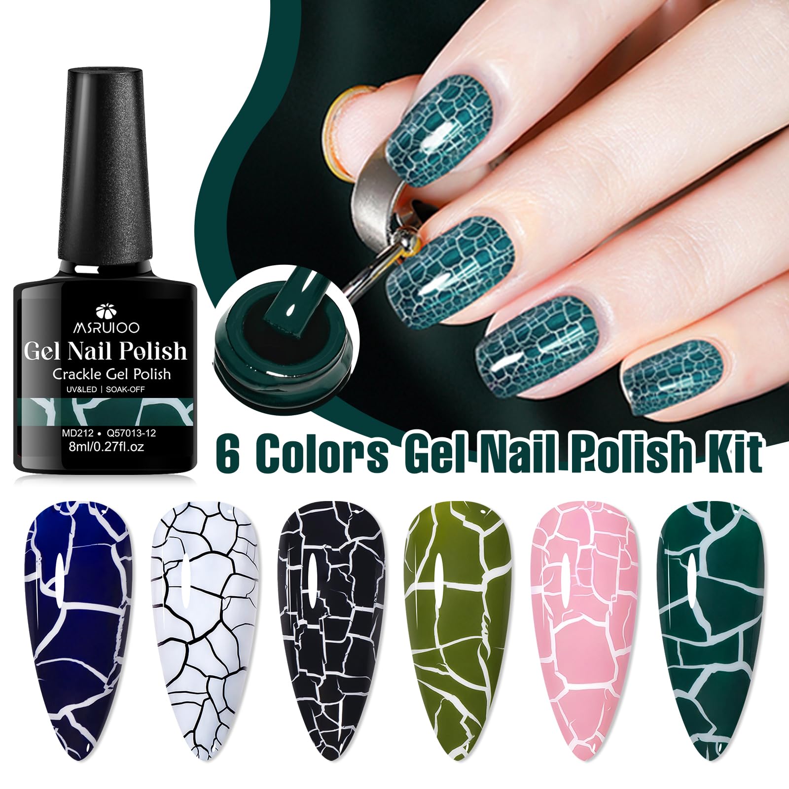 MSRUIOO crackle gel in green delivers fine pattern over white base for chic nails.