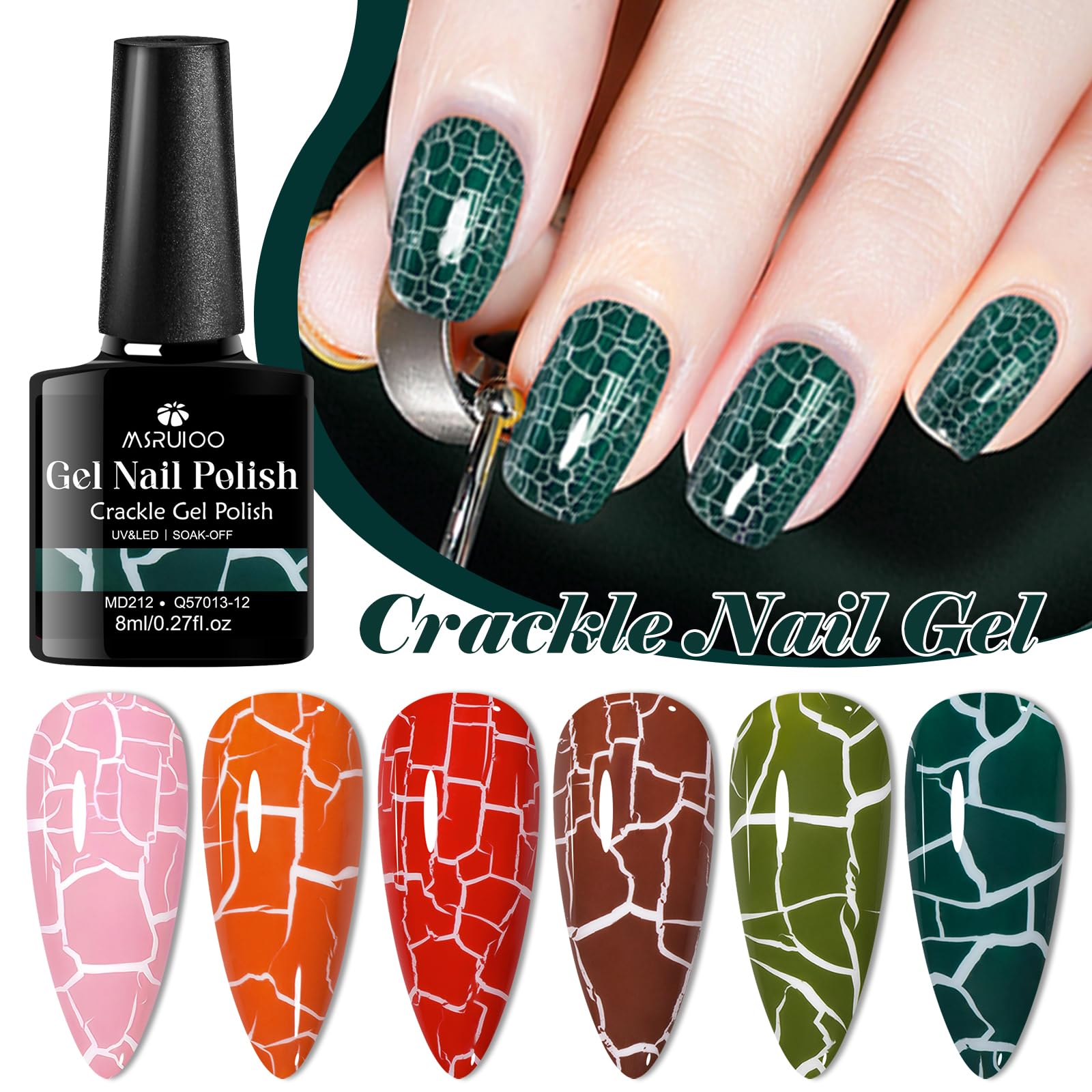 MSRUIOO crackle gel green close-up for fresh nails.