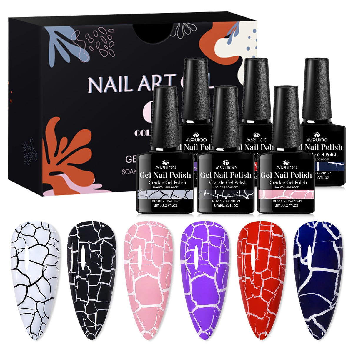 MSRUIOO crackle gel nail polish set in six colors for unique nail art.