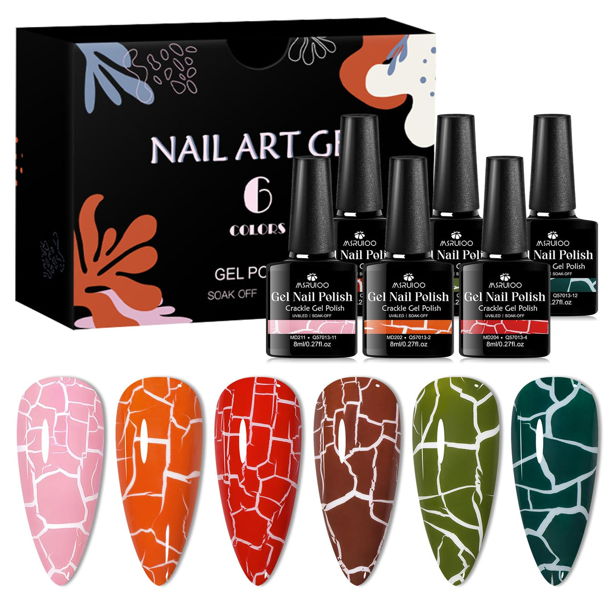MSRUIOO crackle gel polish set bottles for at-home DIY nail art.