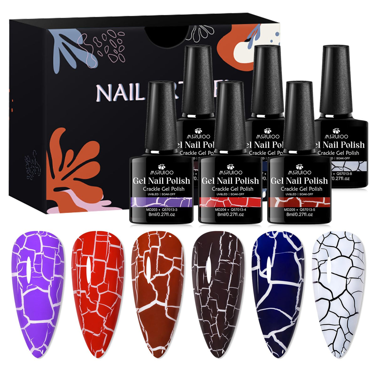 MSRUIOO crackle nail polish set with six colors for at-home nail art.