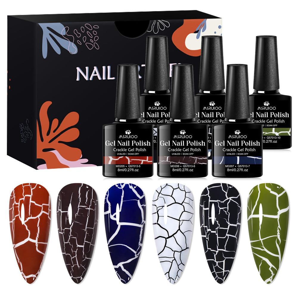 MSRUIOO crackle nail polish set color swatches show six shades for versatile nail art.
