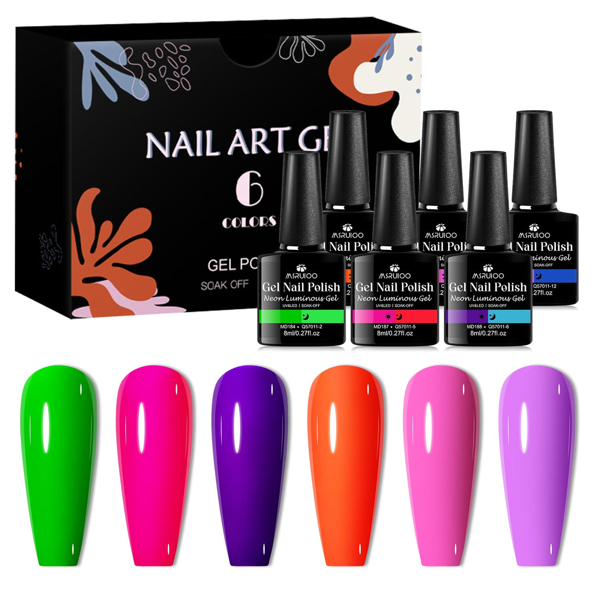 MSRUIOO glow gel set with six colors displayed for day and night looks.