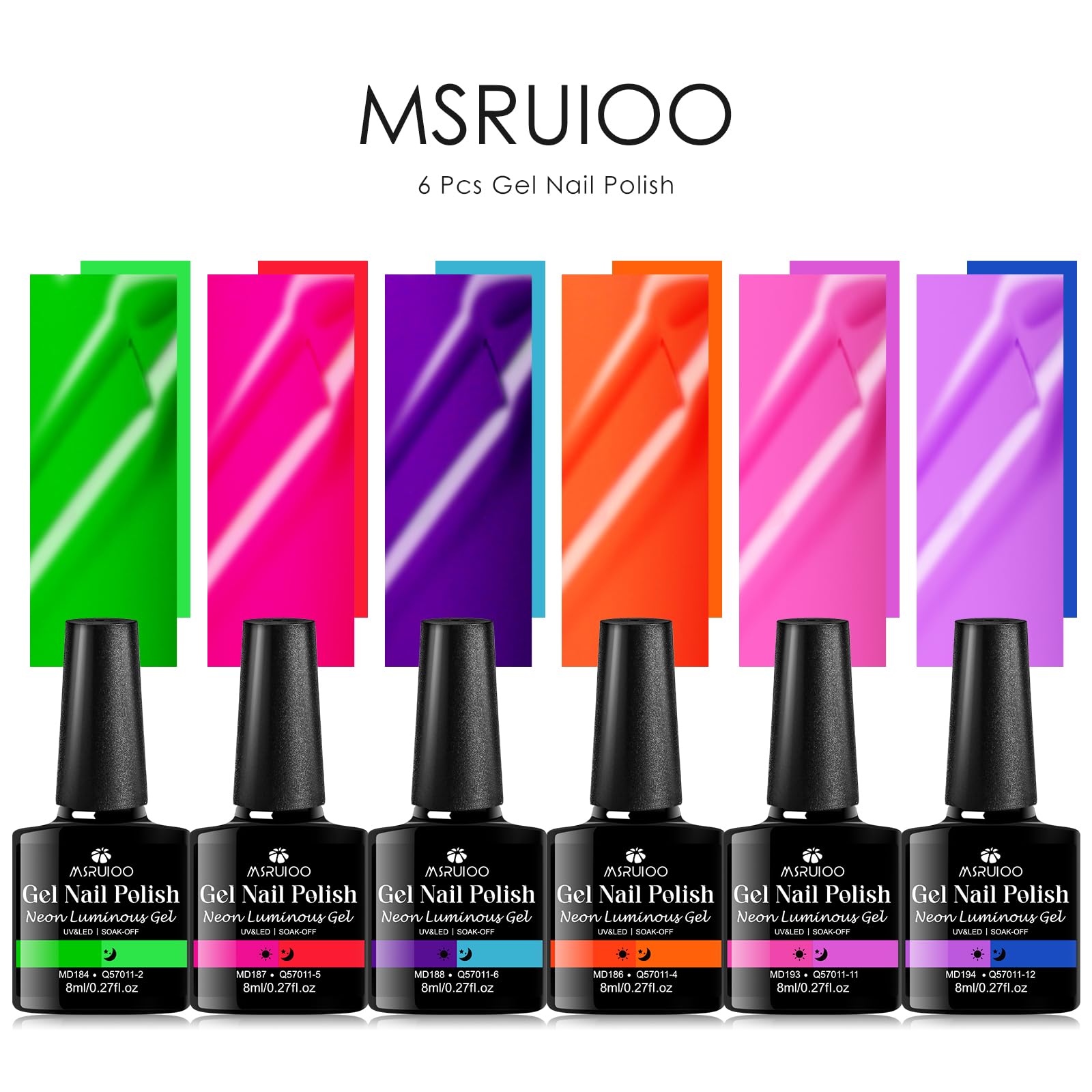 MSRUIOO glow-in-the-dark nails under black light showcase vibrant finishes.