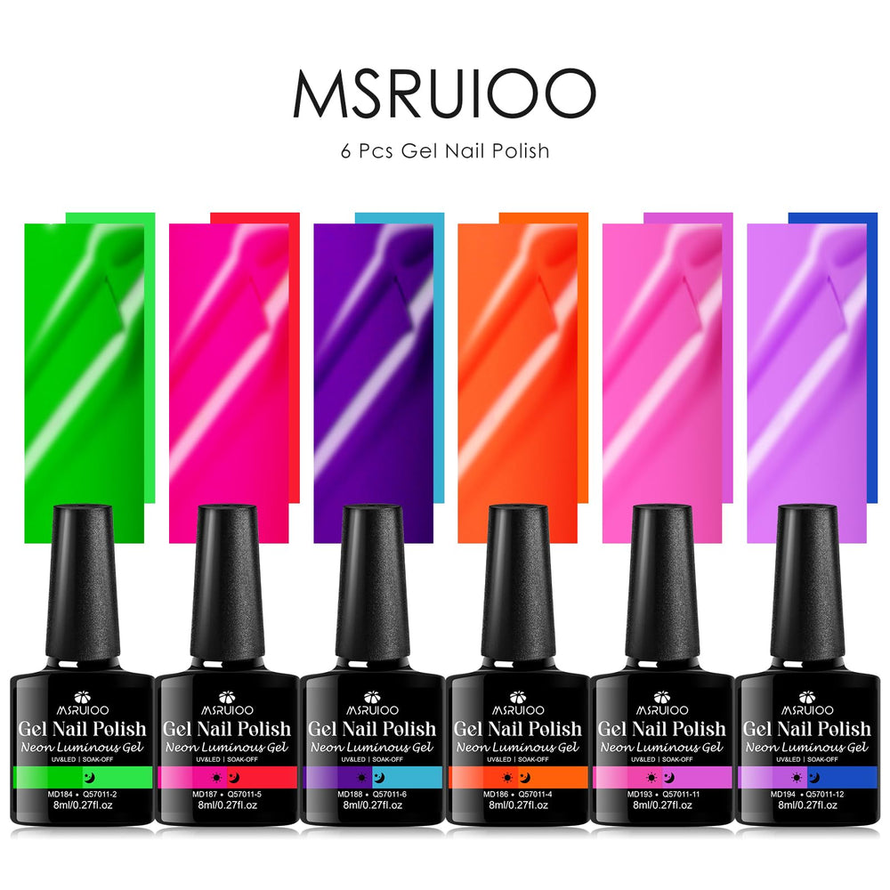 MSRUIOO glow-in-the-dark nails under black light showcase vibrant finishes.