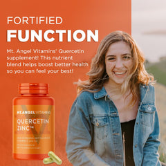 Mt. Angel Vitamins zinc capsules pour illustrates a zinc-based support for general vitality.