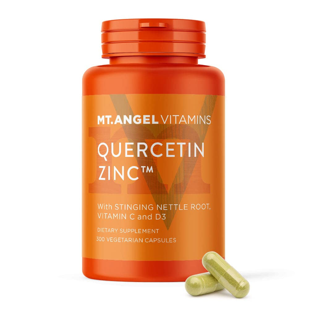 Mt. Angel Vitamins zinc quercetin with bromelain bottle shows daily immune support potential.
