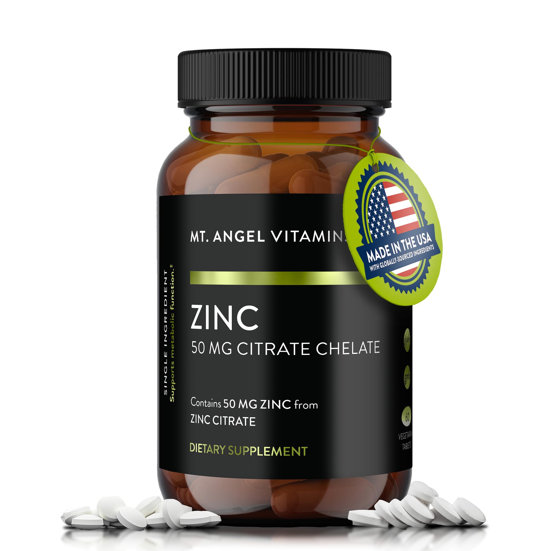 Mt. Angel Vitamins Zinc Citrate 50mg bottle on white