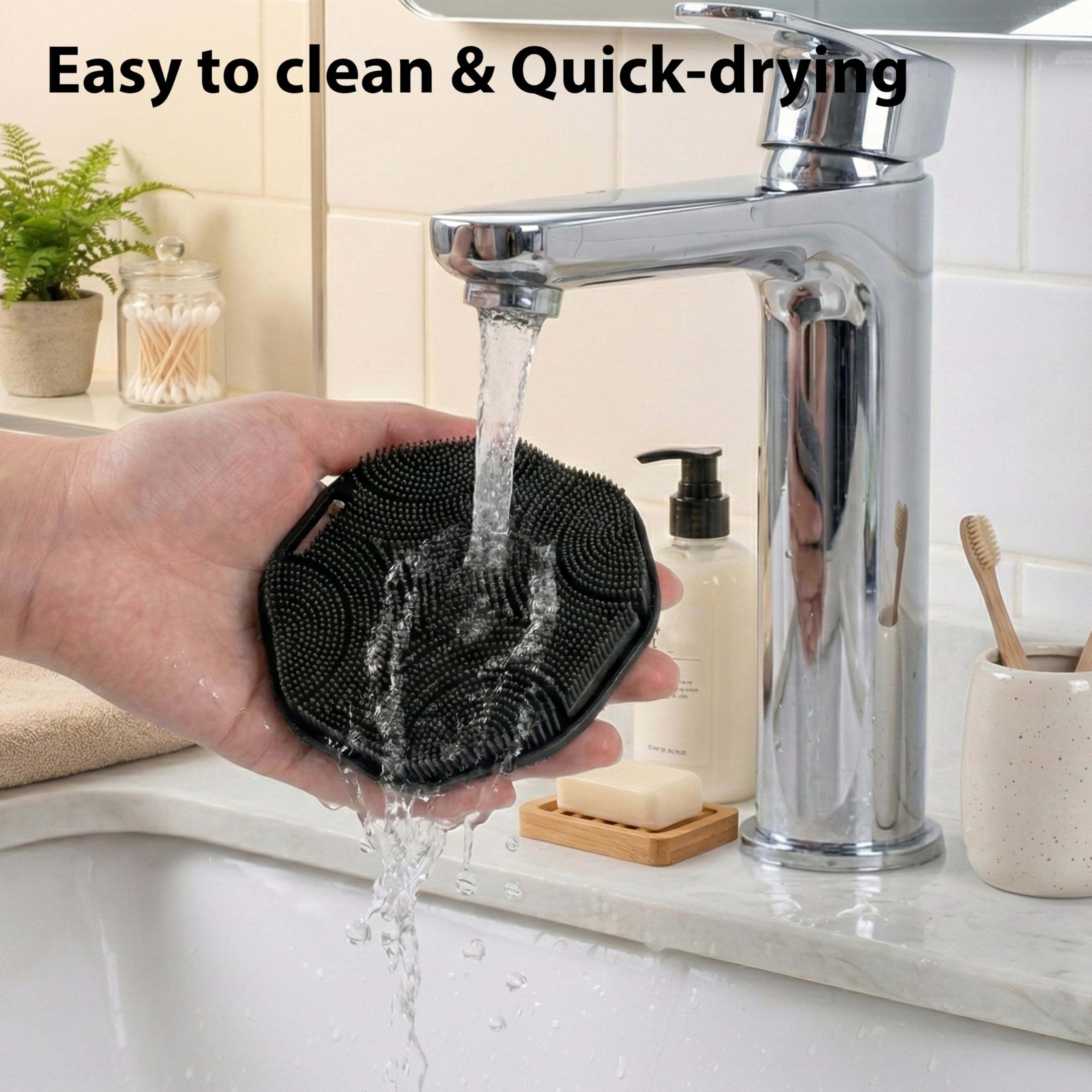 MtBoi silicone scrubber under running water, quick to rinse and dry