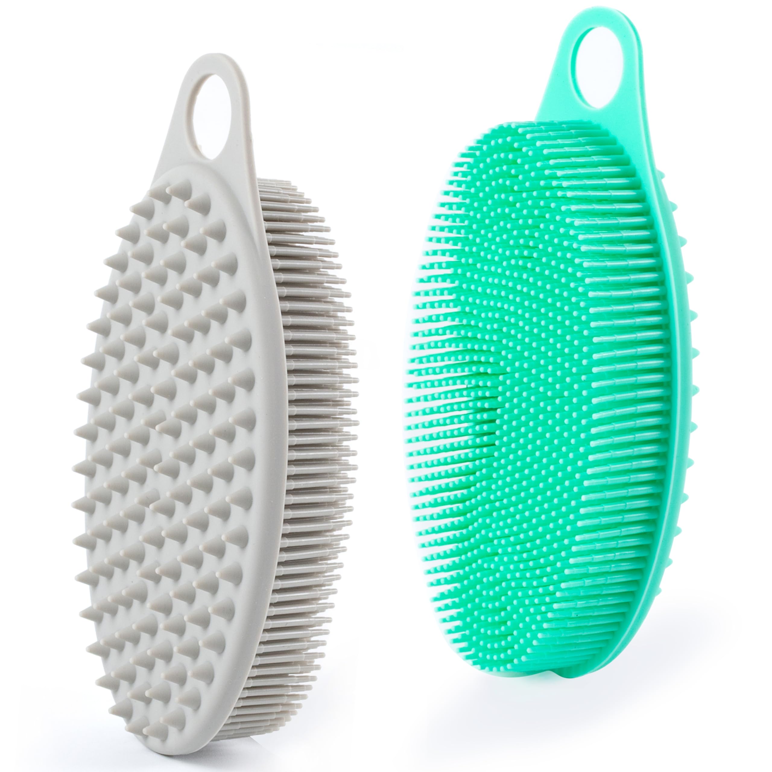 MtBoi silicone exfoliating body scrubber in gray-green, dual-pack for everyday cleansing.