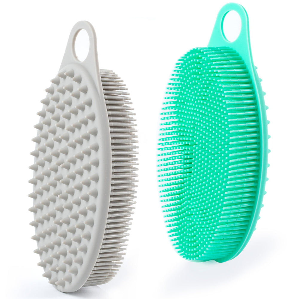 MtBoi silicone exfoliating body scrubber in gray-green, dual-pack for everyday cleansing.