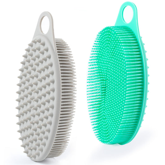 MtBoi silicone exfoliating body scrubber in gray-green, dual-pack for everyday cleansing.
