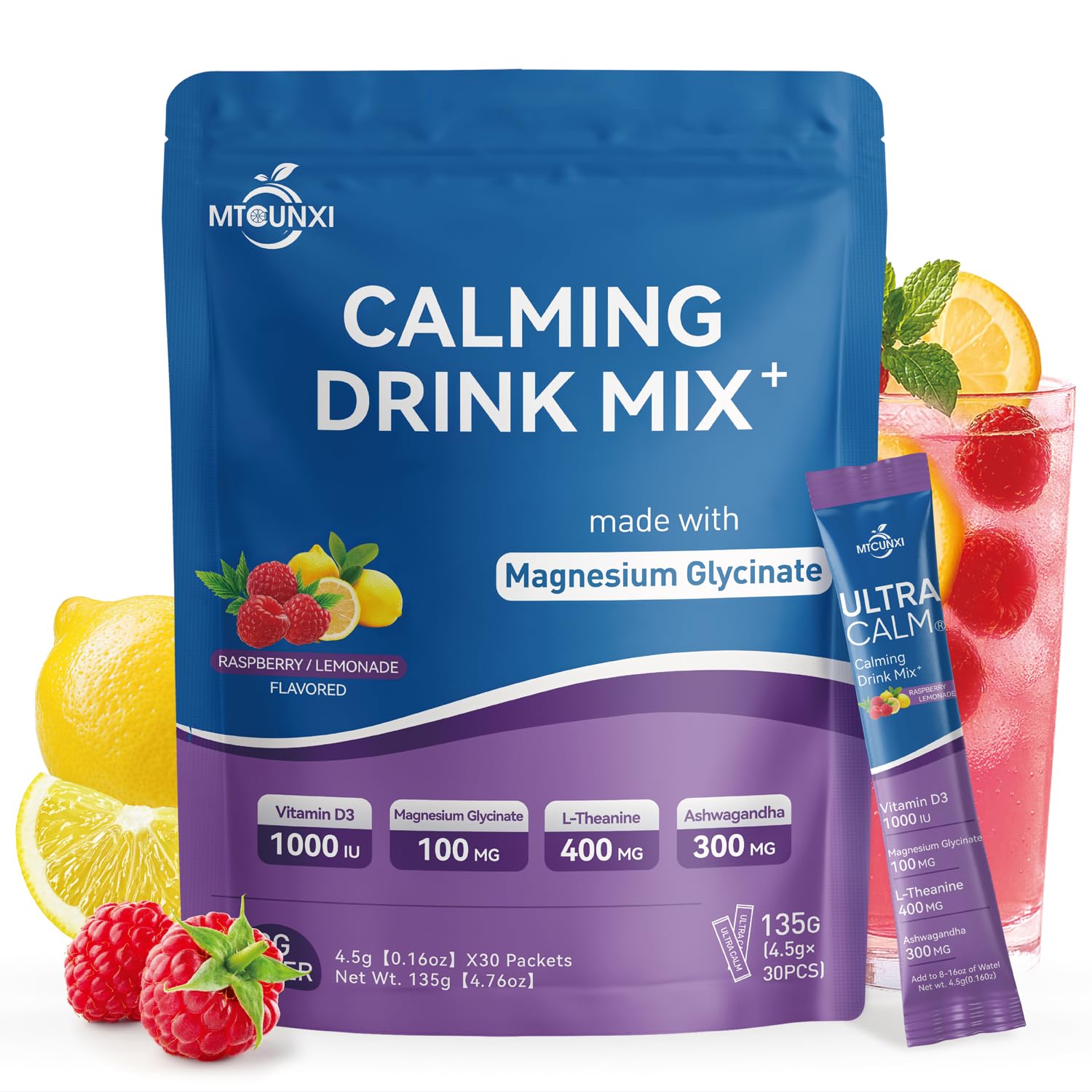 MTCUNXI UltraCalm Raspberry Lemonade Cortisol Drink packaging and 30 servings