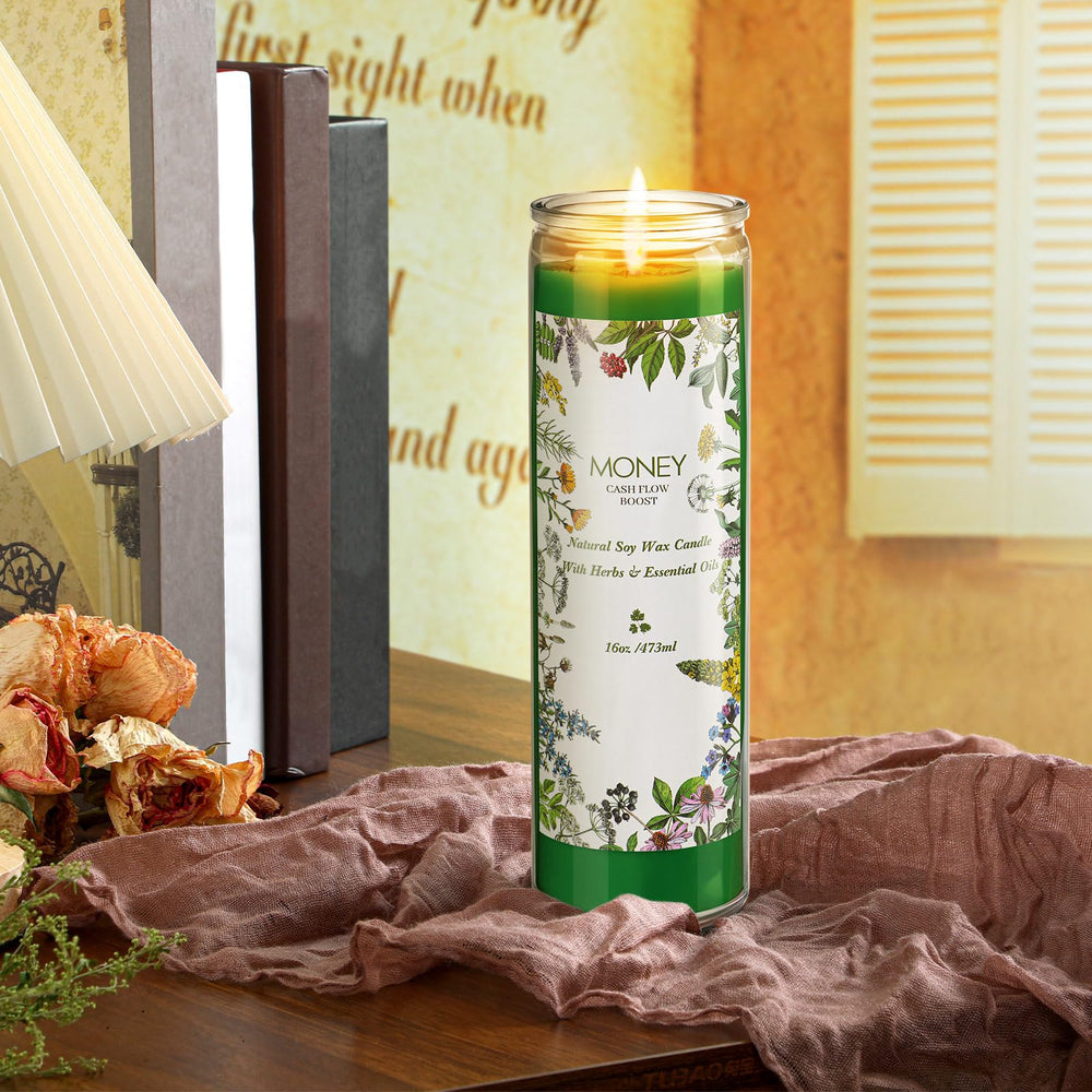 MTLEE botanical design on candle surface inspires calm wealth rituals