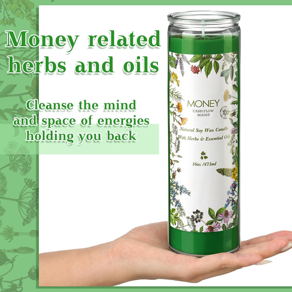 MTLEE green cash candle in glass jar ready for prosperity meditation