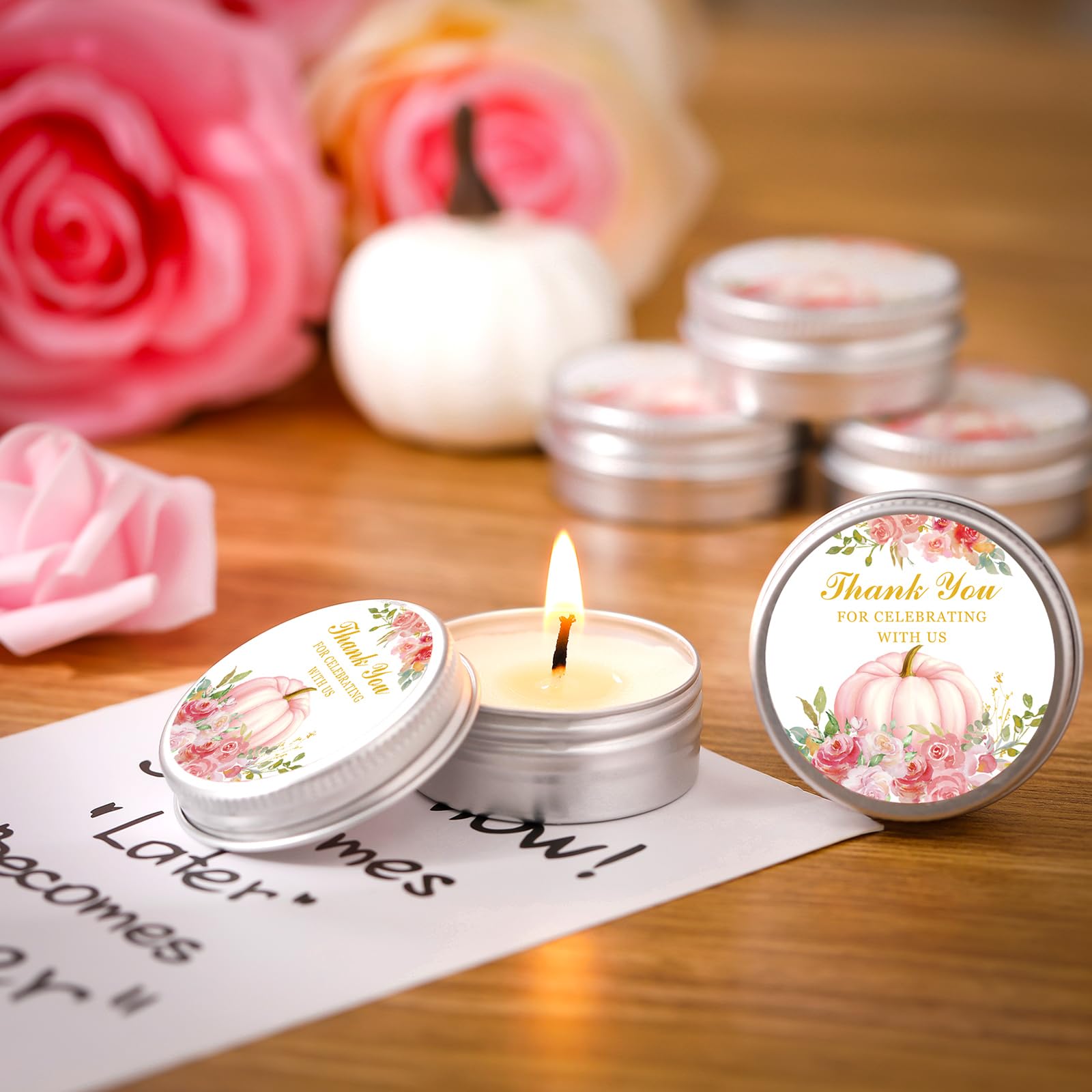 MTLEE lavender-scented soy wax candle in a pink tin enhances table decor and aroma.