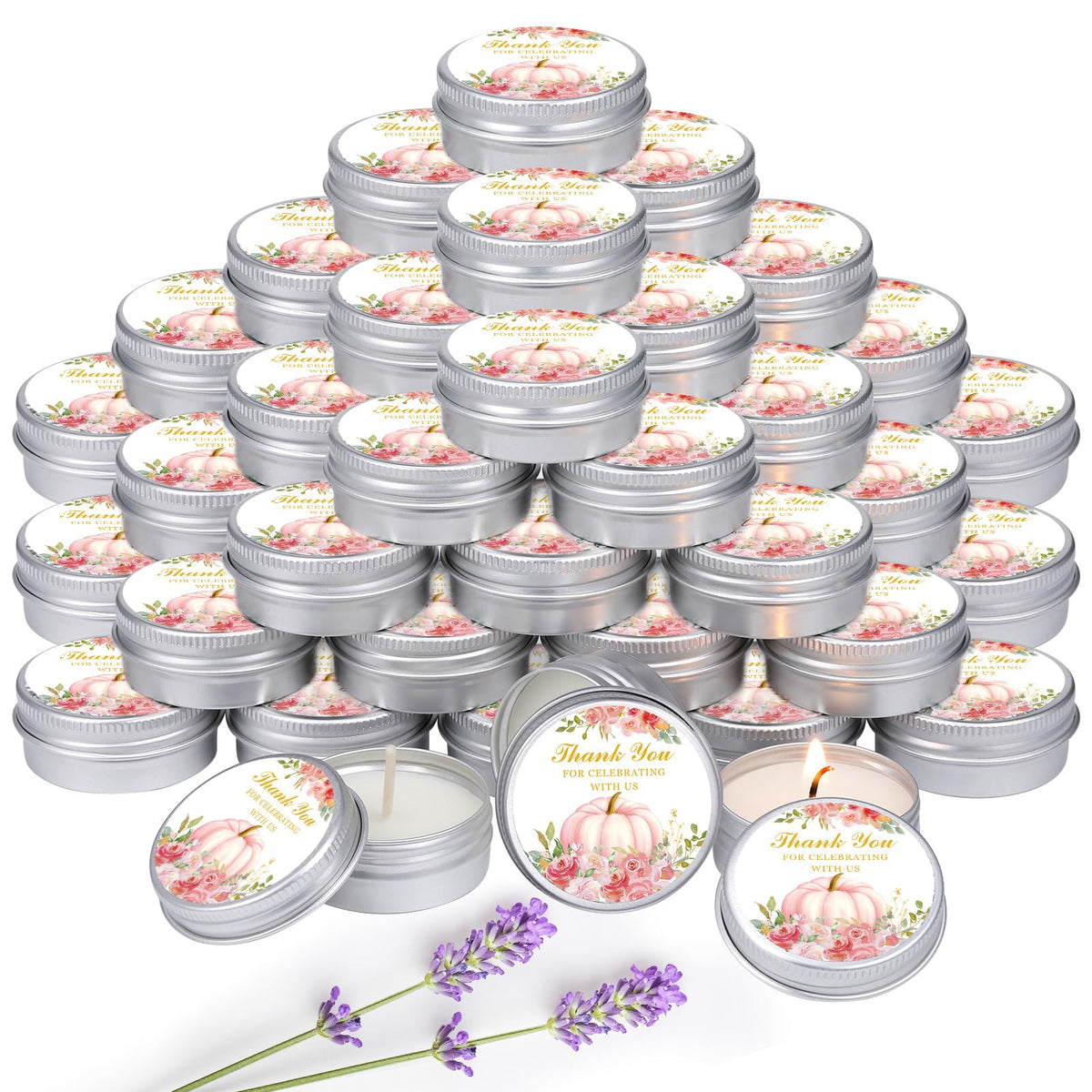 MTLEE Little Pumpkin lavender candle in a pink tin creates a relaxing guest keepsake.