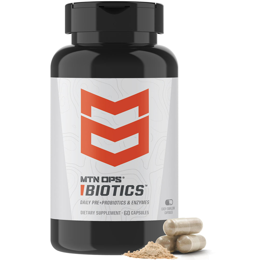 MTN OPS Biotics bottle with 60 gluten-free probiotic capsules