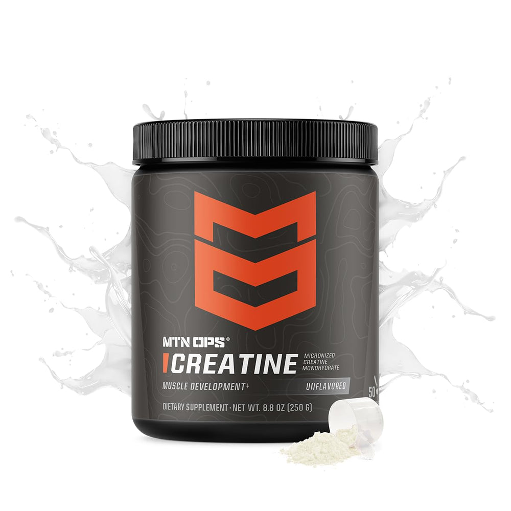 Close-up of 50-serving tub with unflavored creatine monohydrate