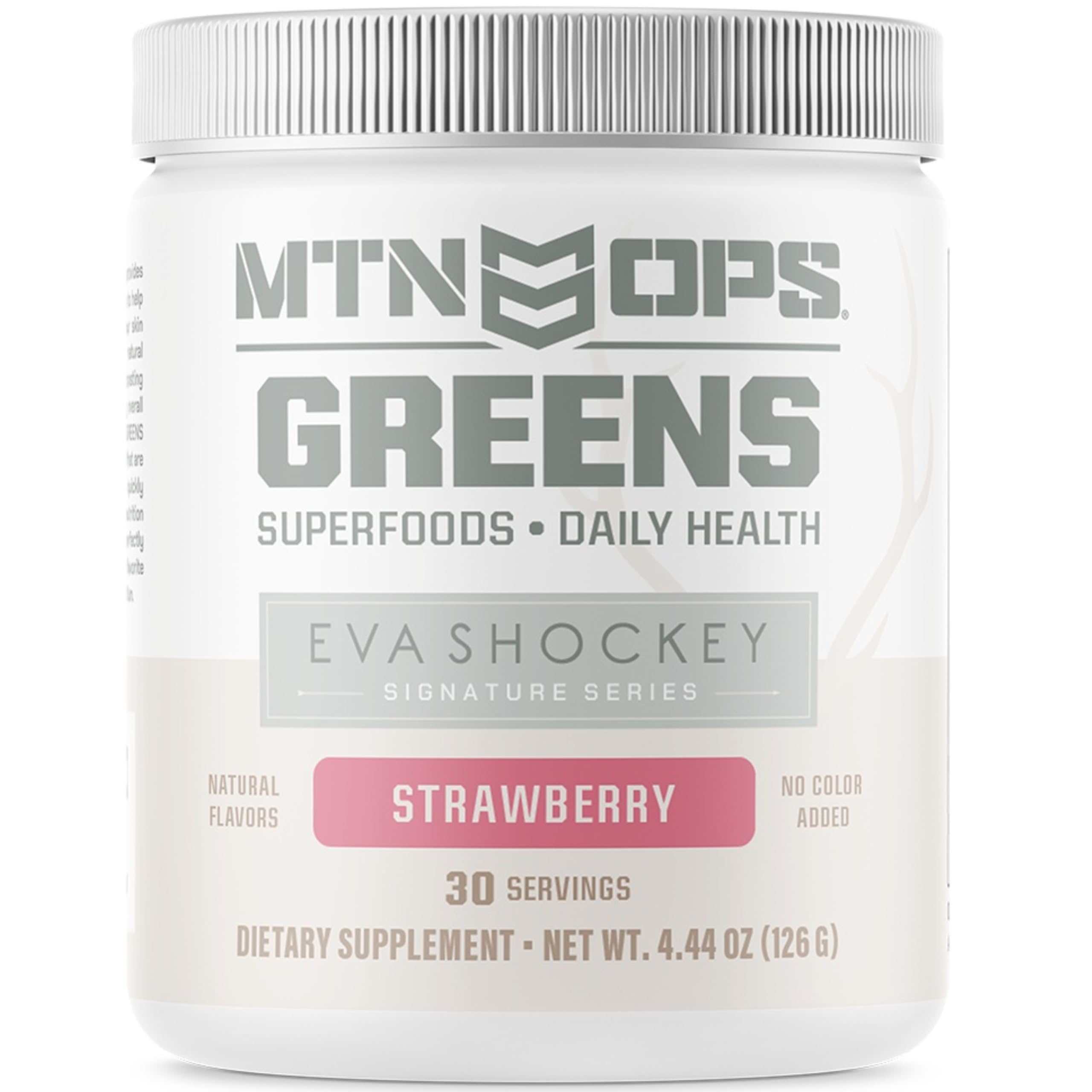 Front packaging of MTN OPS Eva Shockey Signature Series Super Greens Powder in Strawberry flavor, 4.4 oz, 30 servings
