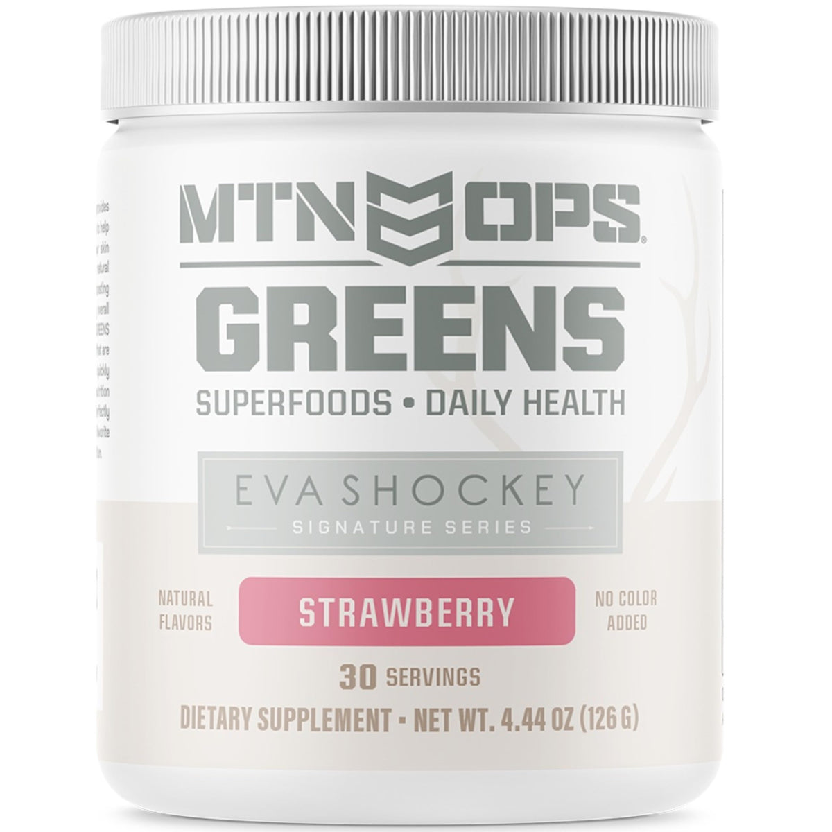 Front packaging of MTN OPS Eva Shockey Signature Series Super Greens Powder in Strawberry flavor, 4.4 oz, 30 servings