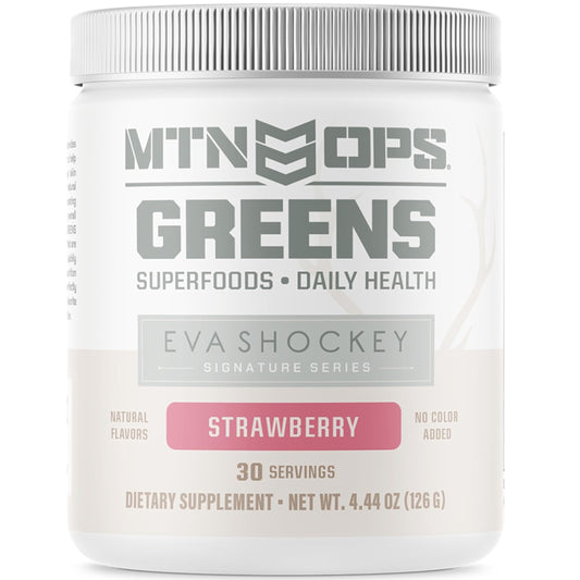 Front packaging of MTN OPS Eva Shockey Signature Series Super Greens Powder in Strawberry flavor, 4.4 oz, 30 servings