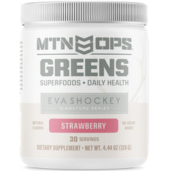 Front packaging of MTN OPS Eva Shockey Signature Series Super Greens Powder in Strawberry flavor, 4.4 oz, 30 servings