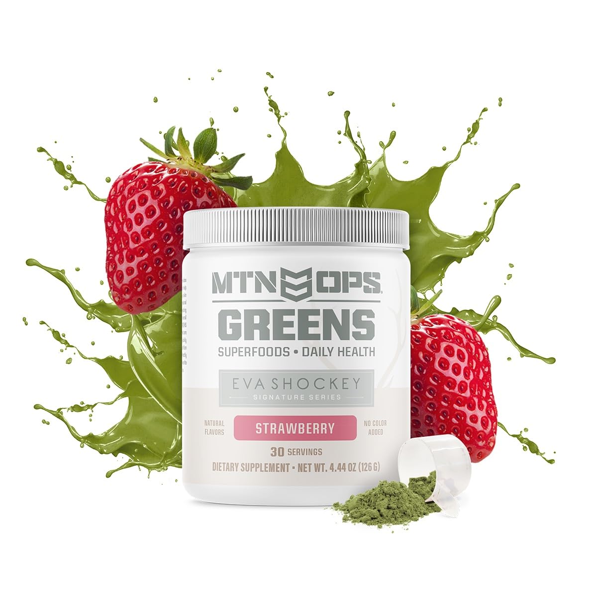 Close-up of MTN OPS Eva Shockey Super Greens label on strawberry flavor container
