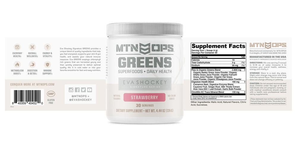 Non-GMO and gluten-free certification icons for MTN OPS Super Greens