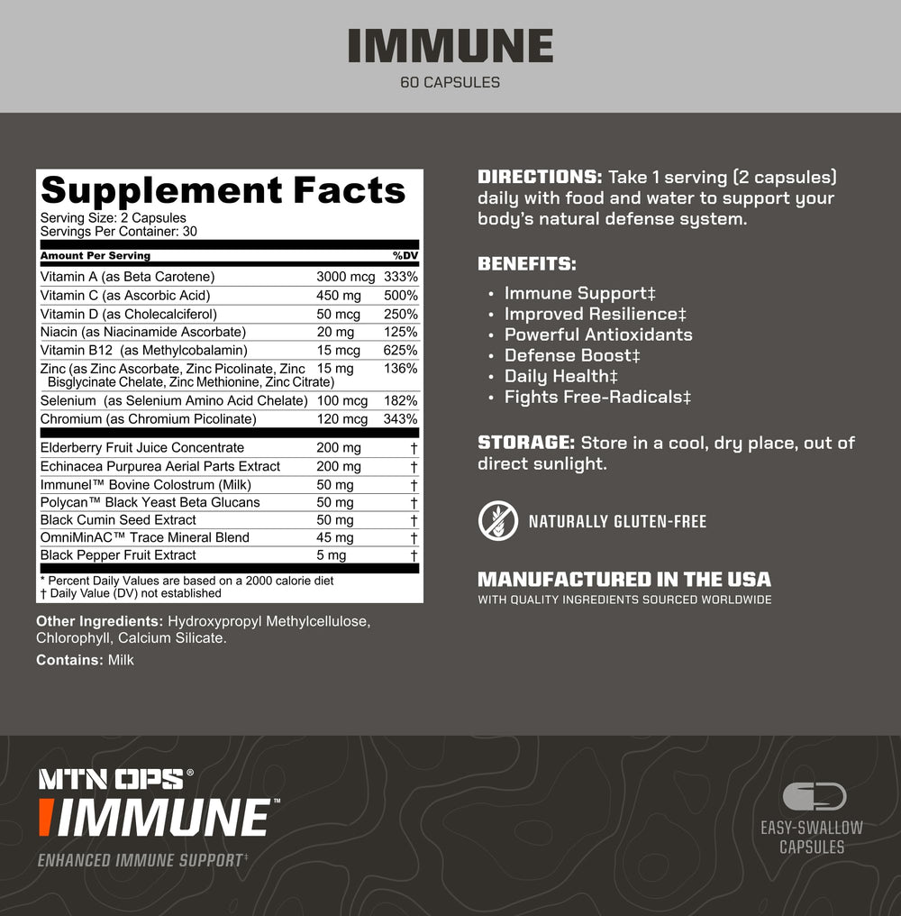 Close-up of MTN OPS IMMUNE bottle