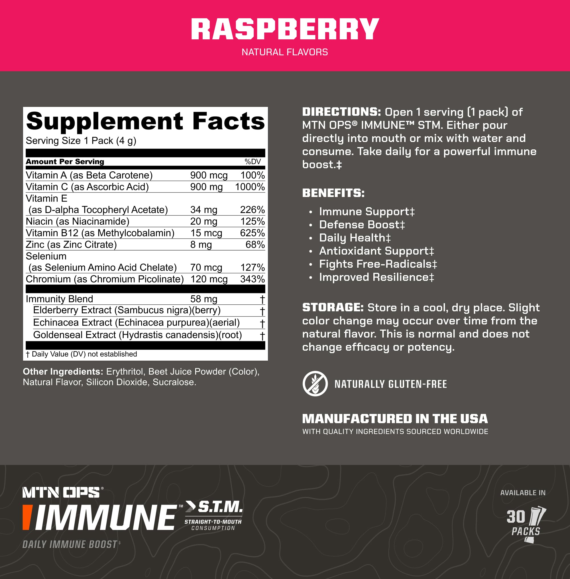 Close-up of MTN OPS Immune STM Raspberry powder being dissolved
