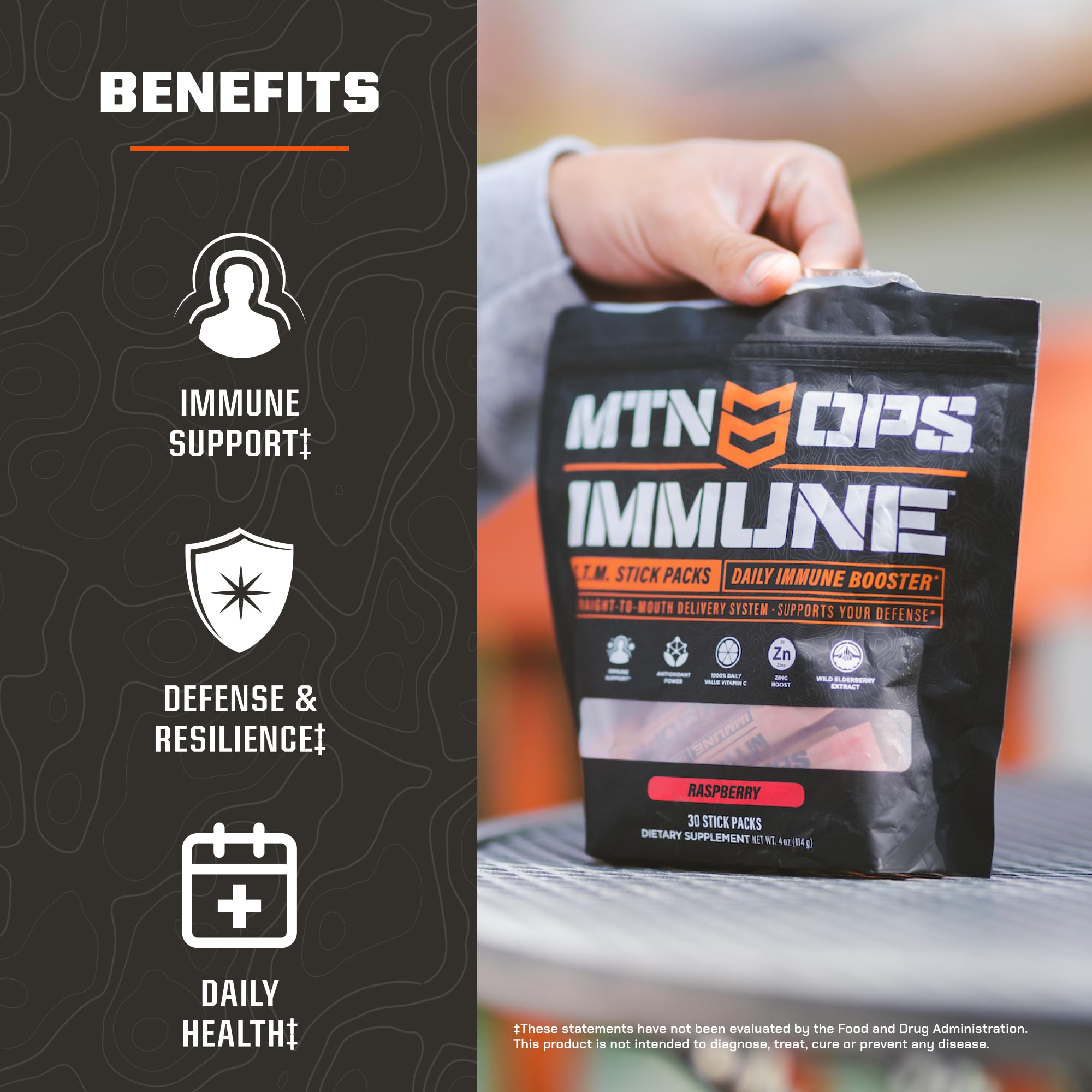 Pouring MTN OPS Immune STM Raspberry powder directly into the mouth