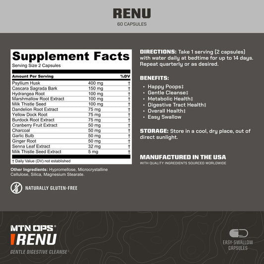 Close-up of MTN OPS Renu label highlighting digestive cleanse and metabolism