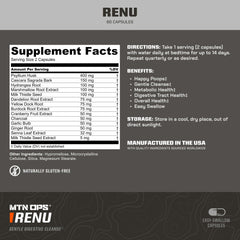 Close-up of MTN OPS Renu label highlighting digestive cleanse and metabolism