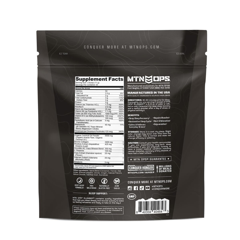 Warm cup of MTN OPS Slumber Sleep Aid ready for bedtime