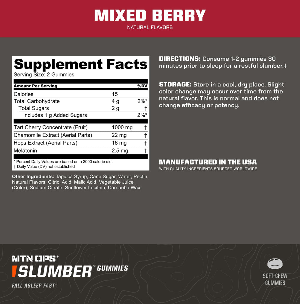 Close-up of Slumber Sleep Gummies label showing Tart Cherry and Melatonin