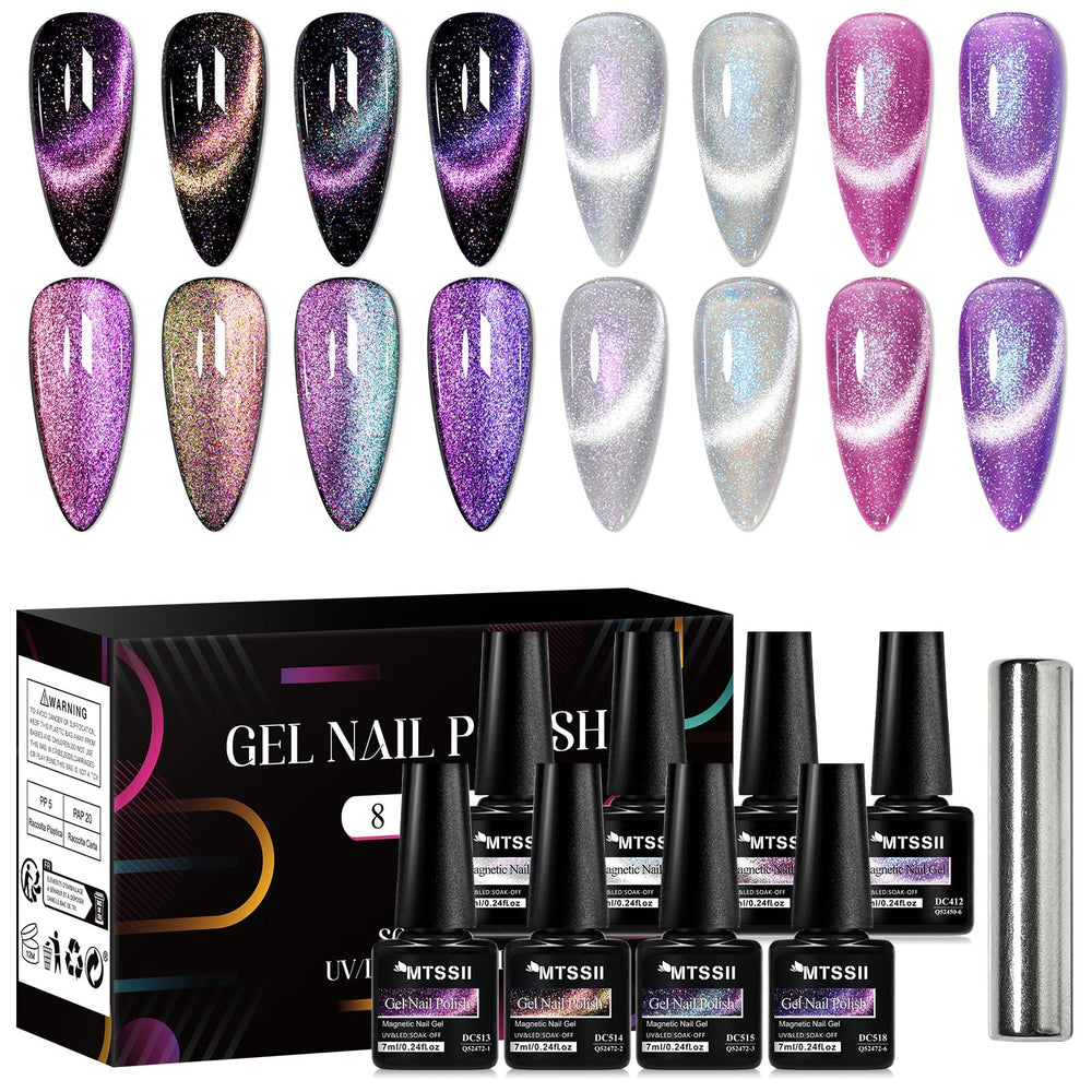 MTSSII Cat Eye Gel Polish Set5 front view with eight shades for chic nails