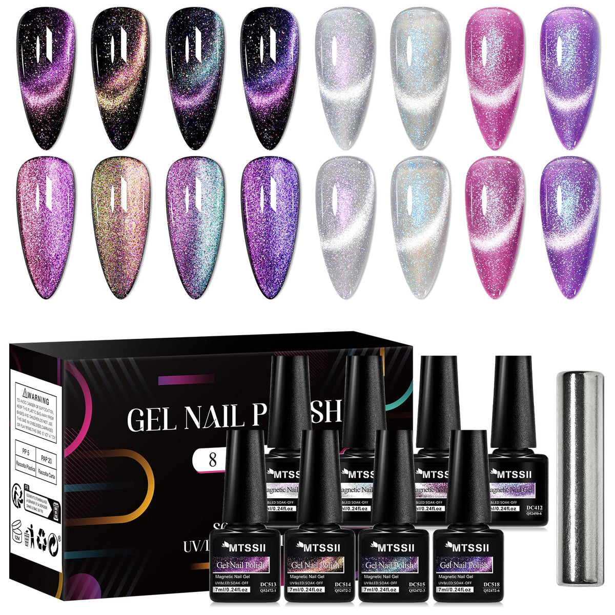 MTSSII Cat Eye Gel Polish Set5 front view with eight shades for chic nails