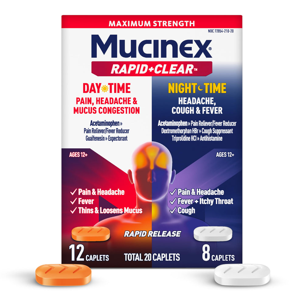 Mucinex Rapid Clear daytime caplets on table offering fast relief from cold symptoms