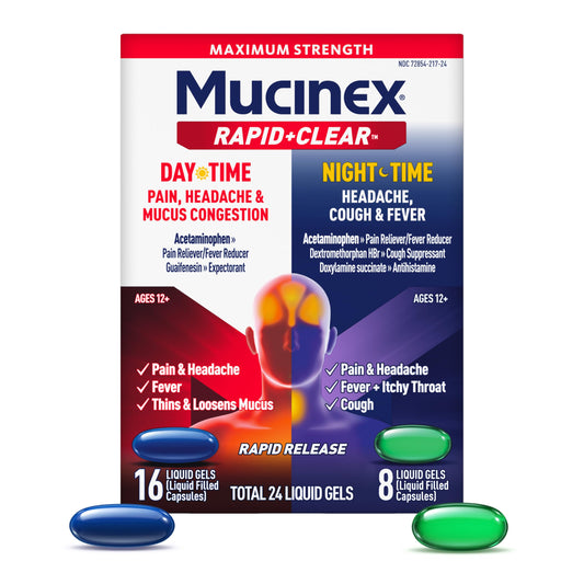 Mucinex Rapid Clear Daytime liquid gels bottle showing fast pain relief and mucus relief.