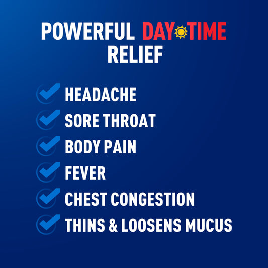Mucinex Rapid Clear Daytime liquid gels pour demonstrating rapid symptom relief.