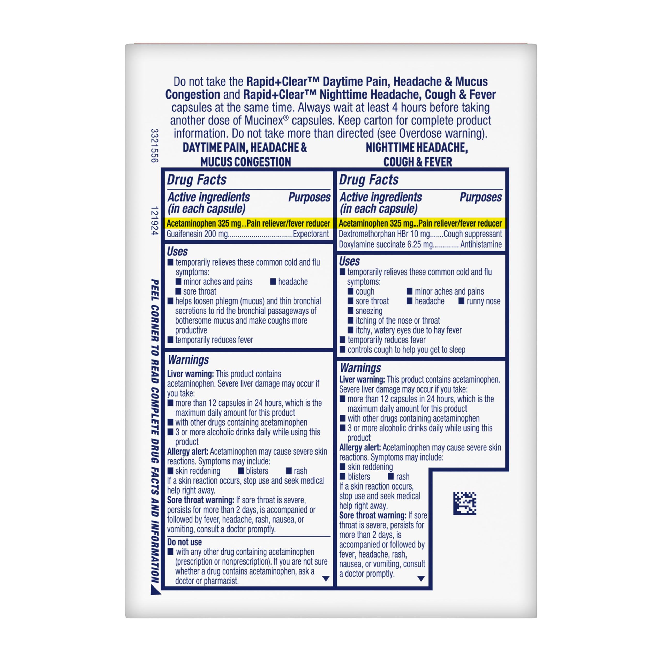 Mucinex Rapid Clear label close-up showing key active ingredients and day-night benefits.