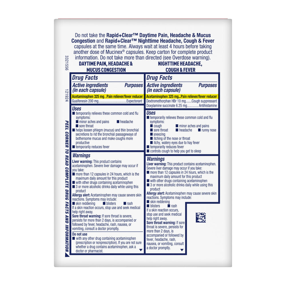 Mucinex Rapid Clear label close-up showing key active ingredients and day-night benefits.