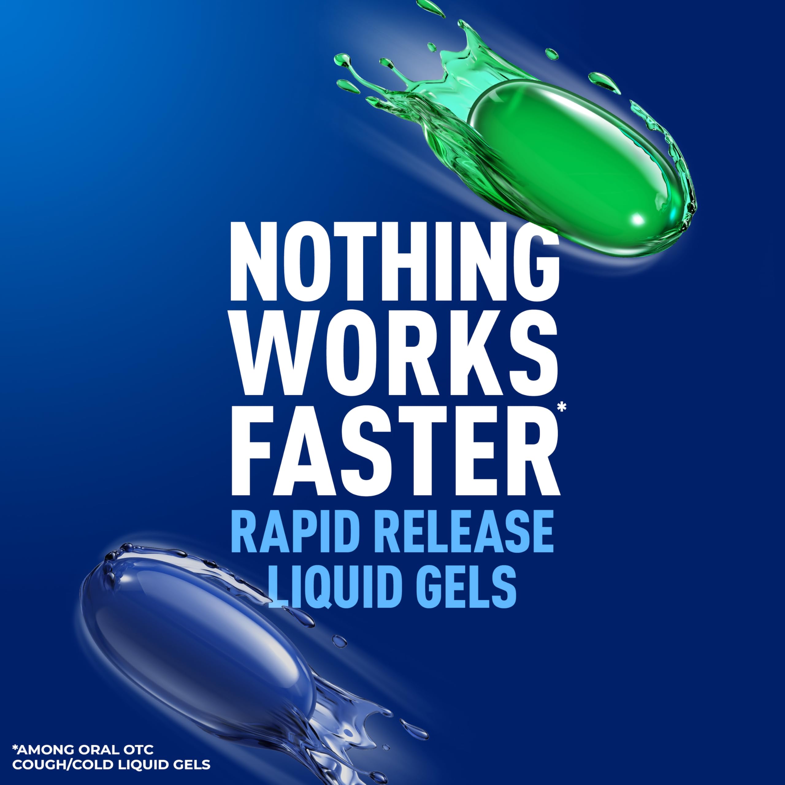 Mucinex Rapid Clear Nighttime liquid gels pour illustrating sleep-friendly relief.