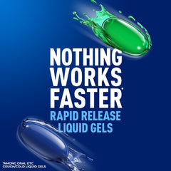 Mucinex Rapid Clear Nighttime liquid gels pour illustrating sleep-friendly relief.
